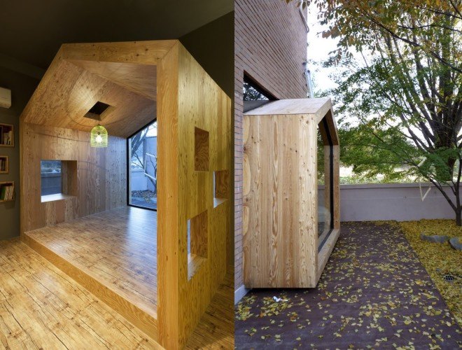 UTAA, Pinocchio, Pinocchio children’s center, renovation, renovated building, South Korea, Unak Mountain, Poneok, larch, larch wood, gabled extension, glazed end wall, high ceilings, book cafe, house within a house, house in a house, house inside a house,