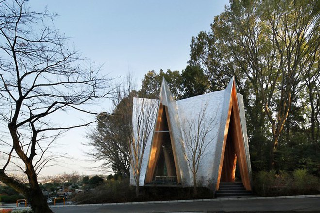 Sayama Forest Chapel, NAP Architects forest chapel, chapel like hands clasped in prayer in Japan, religious architecture in Japan, Sayama forest chapel in Japan, chapels in Japan, green chapels in Japan,