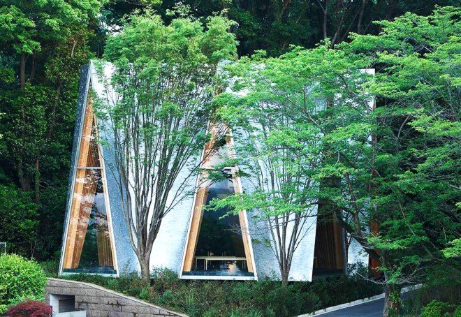Sayama Forest Chapel, NAP Architects forest chapel, chapel like hands clasped in prayer in Japan, religious architecture in Japan, Sayama forest chapel in Japan, chapels in Japan, green chapels in Japan,