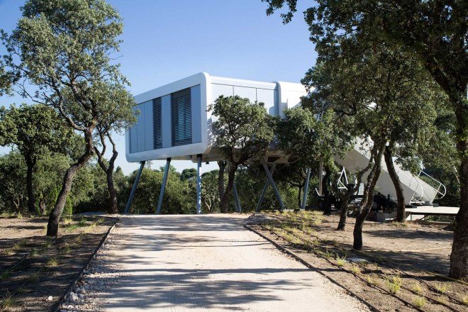 NOEM, Spaceship House, Spaceship House by NOEM, Class A energy certification, energy efficiency, Pyrenean wood, La Moraleja, UFO-like home, UFO home, prefab home, modular home, prefab architecture, modular architecture, sci-fi home,