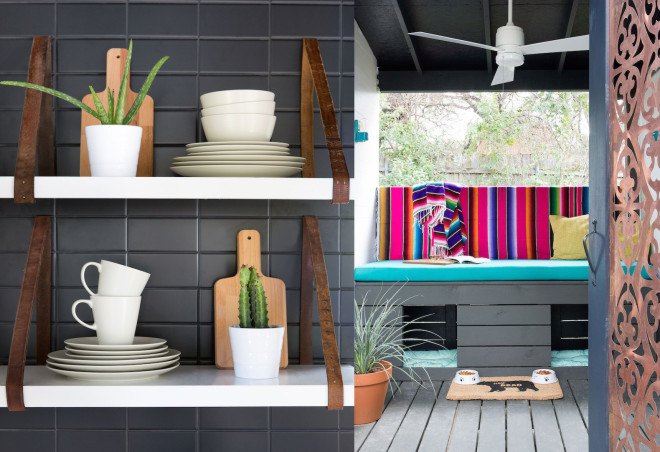 Austin, Kim Lewis, midcentury, bohemian design, tiny home, tiny house, tiny mobile home, mobile home, breezeway, Parasoleil, perforated copper, repurposed wood, salvaged wood, two mobile trailer home, tiny Austin home