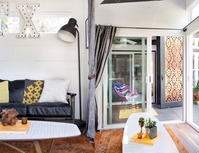 Austin, Kim Lewis, midcentury, bohemian design, tiny home, tiny house, tiny mobile home, mobile home, breezeway, Parasoleil, perforated copper, repurposed wood, salvaged wood, two mobile trailer home, tiny Austin home
