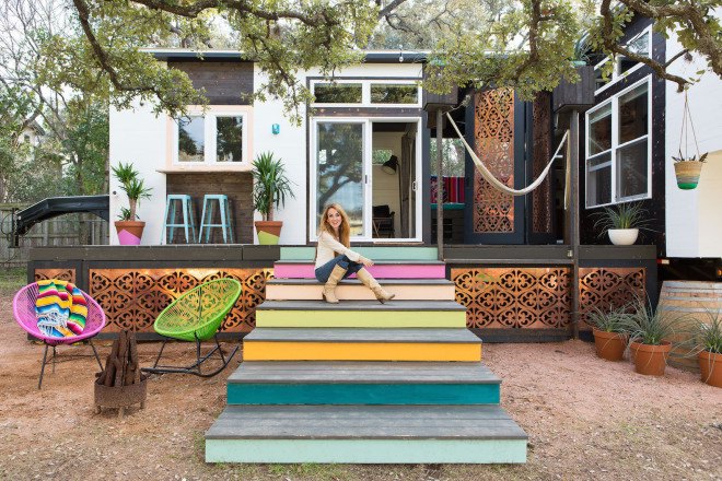 Austin, Kim Lewis, midcentury, bohemian design, tiny home, tiny house, tiny mobile home, mobile home, breezeway, Parasoleil, perforated copper, repurposed wood, salvaged wood, two mobile trailer home, tiny Austin home