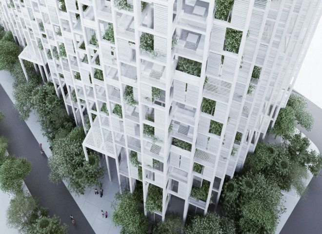 Penda, Vijayawada Garden Estate, green tower, residential tower, high-rise, rainwater collection, prefab housing, modular housing, vertical garden, green architecture, netural ventilation, customizable homes, India