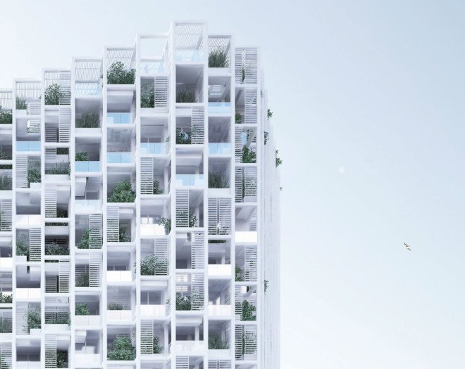 Penda, Vijayawada Garden Estate, green tower, residential tower, high-rise, rainwater collection, prefab housing, modular housing, vertical garden, green architecture, netural ventilation, customizable homes, India