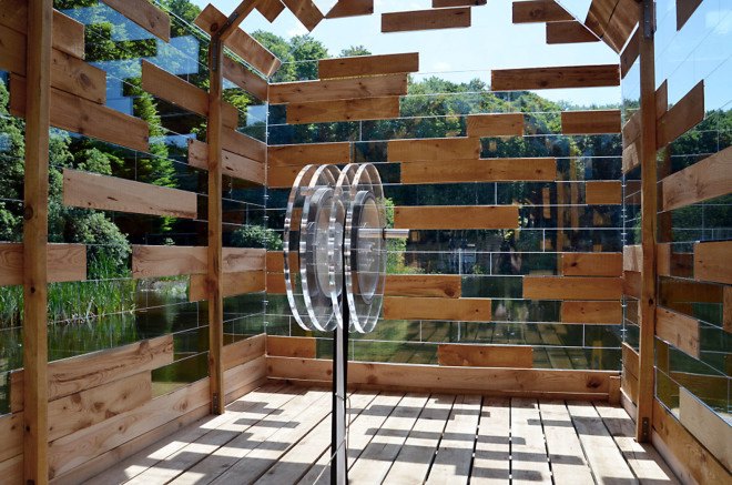 Elise Morin, Florent Albinet, Walden Raft, floating building, wooden cabin, acrylic glass, polyethylene, green envelope, experimental building, movable architecture