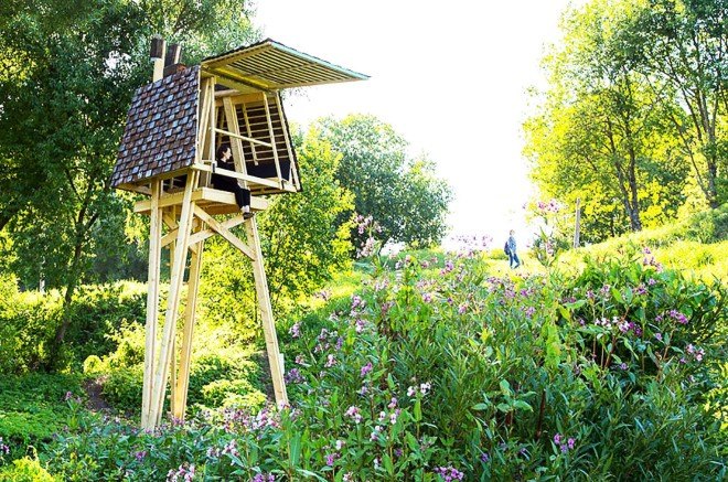 Wild Thing, Riga Technical University, Riga Technical University International Summer School, architecture, student projects, treehouse, rewilding, tiny cabins, bird hide, revegetation, Latvia, recycled building materials, wood, wooden structures, Wild Thing cabin in Latvian meadow,