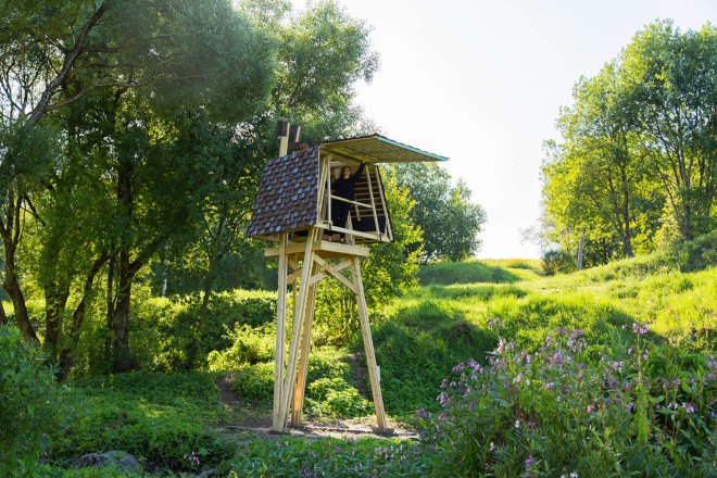Wild Thing, Riga Technical University, Riga Technical University International Summer School, architecture, student projects, treehouse, rewilding, tiny cabins, bird hide, revegetation, Latvia, recycled building materials, wood, wooden structures, Wild Thing cabin in Latvian meadow,