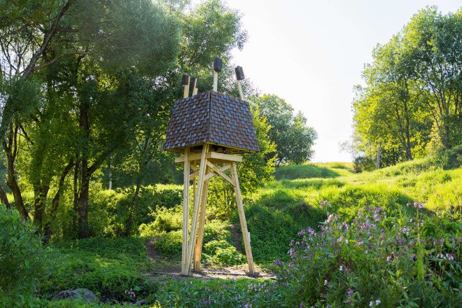 Wild Thing, Riga Technical University, Riga Technical University International Summer School, architecture, student projects, treehouse, rewilding, tiny cabins, bird hide, revegetation, Latvia, recycled building materials, wood, wooden structures, Wild Thing cabin in Latvian meadow,