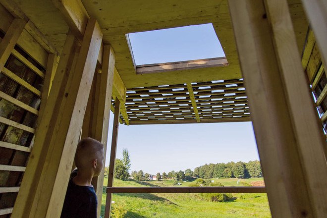 Wild Thing, Riga Technical University, Riga Technical University International Summer School, architecture, student projects, treehouse, rewilding, tiny cabins, bird hide, revegetation, Latvia, recycled building materials, wood, wooden structures, Wild Thing cabin in Latvian meadow,