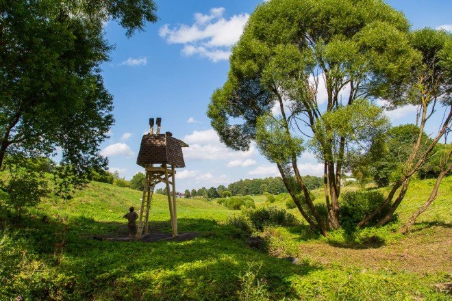 Wild Thing, Riga Technical University, Riga Technical University International Summer School, architecture, student projects, treehouse, rewilding, tiny cabins, bird hide, revegetation, Latvia, recycled building materials, wood, wooden structures, Wild Thing cabin in Latvian meadow,