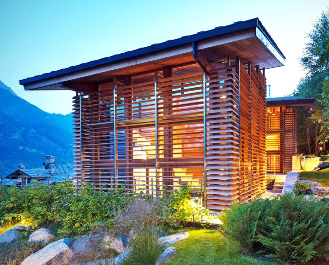 Casa Rosset, geothermal energy, zero energy, zero energy home, De Carlo Gualla Architects, Italian Alps, Aosta, solar energy, low-emission glazing, passive principles, passive house, heat pumps, timber louvers