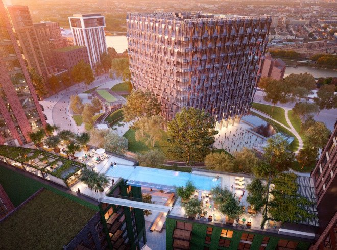 sky pool, world’s first sky pool, Sean Mulryan, Ballymore, Arup Associates, Battersea Power Station, Embassy Gardens, luxury development, pool, swimming pool, London, Nine Elms, sky pool London, 10 story high pool, 115 feet high pool, glass sky pool, transparent sky pool