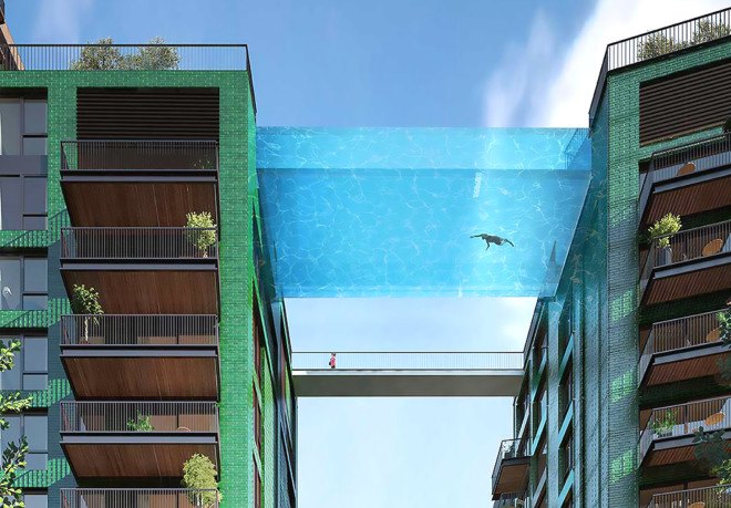 sky pool, world’s first sky pool, Sean Mulryan, Ballymore, Arup Associates, Battersea Power Station, Embassy Gardens, luxury development, pool, swimming pool, London, Nine Elms, sky pool London, 10 story high pool, 115 feet high pool, glass sky pool, transparent sky pool
