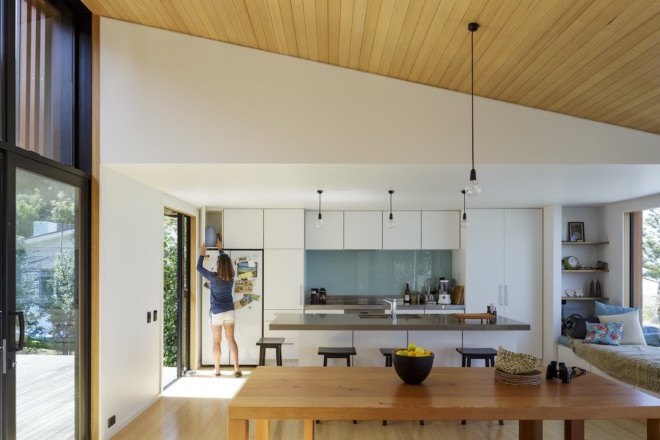 offSET Shed House, offSET Shed House by Irving Smith Jack Architects, offSET Shed House by ISJ Architects, ISJ Architects, passive design, New Zealand, shed house, rainwater collection, northern light, beach house, Tasmanian Oak, corrugated metal