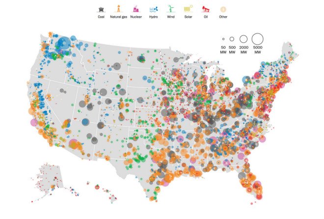 power sources, power plants, us electricity generation, washington post, power plant map, coal power, hydro power, renewable energy