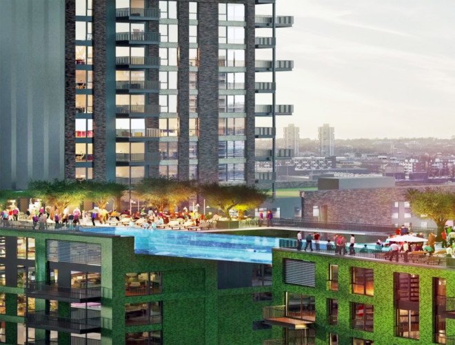 sky pool, world’s first sky pool, Sean Mulryan, Ballymore, Arup Associates, Battersea Power Station, Embassy Gardens, luxury development, pool, swimming pool, London, Nine Elms, sky pool London, 10 story high pool, 115 feet high pool, glass sky pool, transparent sky pool