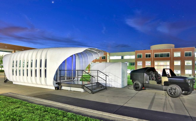 AMIE, SOM, 3d-printed building powered by a car, Department of Energy, Oak Ridge National Lab, ORNL 3d-printed car, building integrated photovoltaics, 3d-printed structure powered by a car, SOM 3d-printed building, SOM-designed 3D-printed building powered by a car, houses powered by cars, University of Tennessee house and car design with DOE