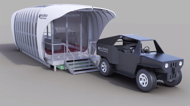 AMIE, SOM, 3d-printed building powered by a car, Department of Energy, Oak Ridge National Lab, ORNL 3d-printed car, building integrated photovoltaics, 3d-printed structure powered by a car, SOM 3d-printed building, SOM-designed 3D-printed building powered by a car, houses powered by cars, University of Tennessee house and car design with DOE