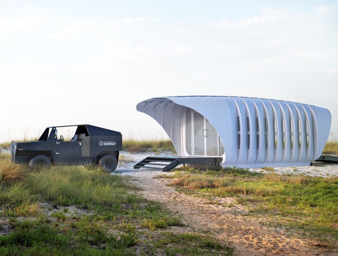 AMIE, SOM, 3d-printed building powered by a car, Department of Energy, Oak Ridge National Lab, ORNL 3d-printed car, building integrated photovoltaics, 3d-printed structure powered by a car, SOM 3d-printed building, SOM-designed 3D-printed building powered by a car, houses powered by cars, University of Tennessee house and car design with DOE