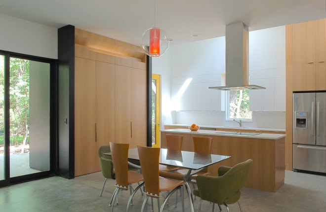 Carrboro Home, Carrboro Home by CUBE design + research, CUBE design + research, solar power, geothermal energy, radiant floor heating, rainwater harvesting, natural light, skylights, open plan, midcentury modern, designed for aging in place, acid washed zinc walls, zinc walls, Aiyyer Residence, Aiyyer Residence by CUBE design + research