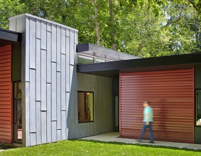 Carrboro Home, Carrboro Home by CUBE design + research, CUBE design + research, solar power, geothermal energy, radiant floor heating, rainwater harvesting, natural light, skylights, open plan, midcentury modern, designed for aging in place, acid washed zinc walls, zinc walls, Aiyyer Residence, Aiyyer Residence by CUBE design + research