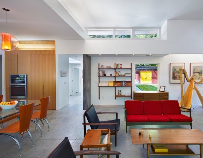 Carrboro Home, Carrboro Home by CUBE design + research, CUBE design + research, solar power, geothermal energy, radiant floor heating, rainwater harvesting, natural light, skylights, open plan, midcentury modern, designed for aging in place, acid washed zinc walls, zinc walls, Aiyyer Residence, Aiyyer Residence by CUBE design + research