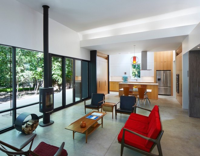 Carrboro Home, Carrboro Home by CUBE design + research, CUBE design + research, solar power, geothermal energy, radiant floor heating, rainwater harvesting, natural light, skylights, open plan, midcentury modern, designed for aging in place, acid washed zinc walls, zinc walls, Aiyyer Residence, Aiyyer Residence by CUBE design + research