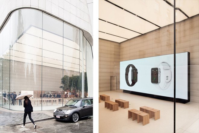 Apple, Apple store, retail, green interior, Brussels, Belgium, Jonathan Ive, wooden furniture, glass facade