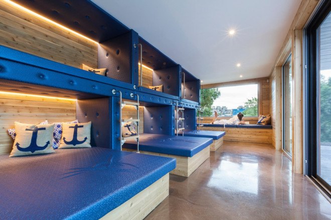 Bota Bota spa, Montreal, Bota Bota Gardens, MU Architecture, Bota Bota Gardens by MU Architecture, geothermal, green roofs, cargotecture, shipping containers, Ipe wood, Port of the Saint Lawrence River, Old Montreal, infinity pool, radiant heated flooring system, spa on water, boat spa