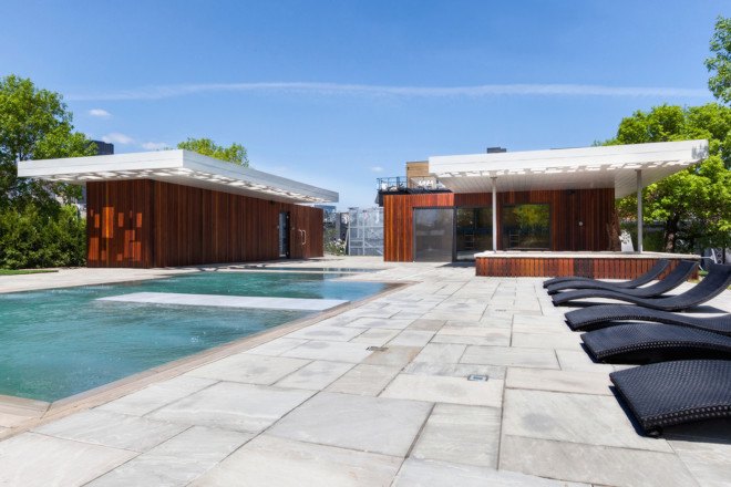 Bota Bota spa, Montreal, Bota Bota Gardens, MU Architecture, Bota Bota Gardens by MU Architecture, geothermal, green roofs, cargotecture, shipping containers, Ipe wood, Port of the Saint Lawrence River, Old Montreal, infinity pool, radiant heated flooring system, spa on water, boat spa