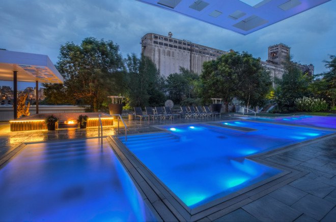 Bota Bota spa, Montreal, Bota Bota Gardens, MU Architecture, Bota Bota Gardens by MU Architecture, geothermal, green roofs, cargotecture, shipping containers, Ipe wood, Port of the Saint Lawrence River, Old Montreal, infinity pool, radiant heated flooring system, spa on water, boat spa