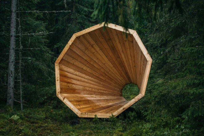 wooden megaphone, Tõnu Tunnel, Birgit Õigus, Pähni Nature Centre, estonian academy of the arts, megaphones in the woods, forest megaphones