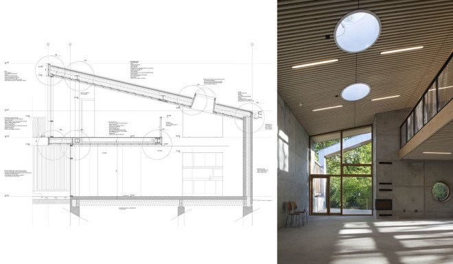 Copenhagen, Sophus Søbye Arkitekter, multipurpose space, multiuse space, shingles, pitched roof, concrete architecture, meeting place, community center, green architecture, timber structure, courtyard