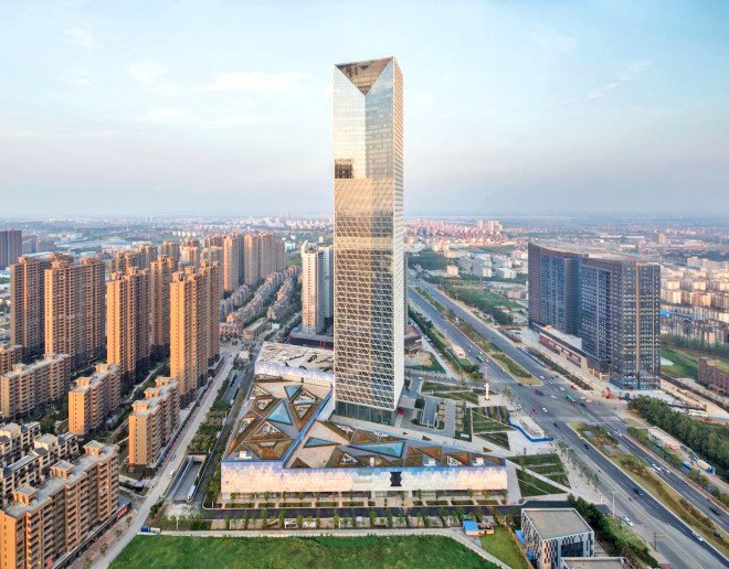 LEED Silver, Nanchang, Greenland Group, SOM, Skidmore, Owings & Merrill, Jiangxi Greenland Zifeng Tower, Jiangxi Greenland Zifeng Tower by SOM, glass skyscraper, skyscraper, mixed use skyscraper, mixed use, China, shading fin system, luxury hotel, sun shades, solar heat gain, LEDs,