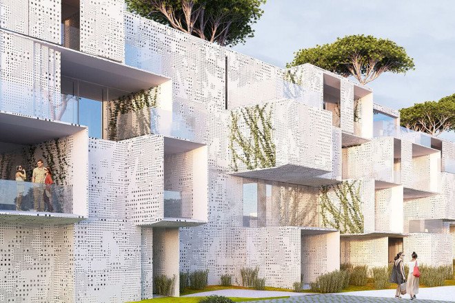 social housing, modular housing, modular architecture, prefab, prefab architecture, green architecture, Tangier, Morocco, perforated facade, shading system, natural ventilation, natural lighting, Malka Architecture