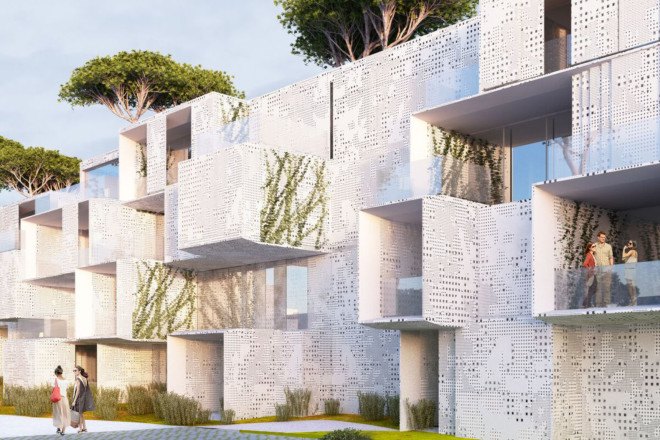 social housing, modular housing, modular architecture, prefab, prefab architecture, green architecture, Tangier, Morocco, perforated facade, shading system, natural ventilation, natural lighting, Malka Architecture