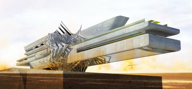 Margot Krasojevic, Gobi Desert, China, desertification, deforestation, wind power, solar power, clean energy, futuristic design, greenhouse, Green Wall of China, green architecture, green hotel, solar-powered building