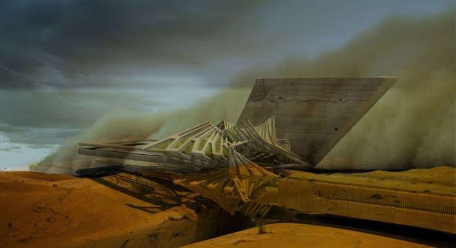 Margot Krasojevic, Gobi Desert, China, desertification, deforestation, wind power, solar power, clean energy, futuristic design, greenhouse, Green Wall of China, green architecture, green hotel, solar-powered building
