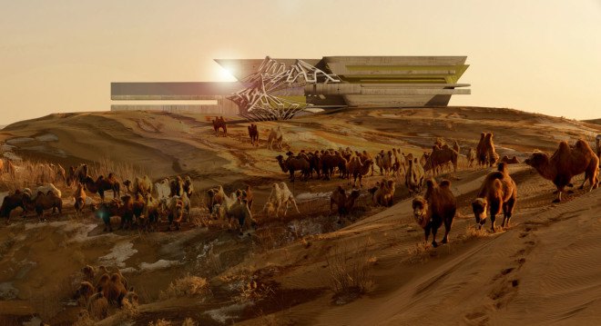 Margot Krasojevic, Gobi Desert, China, desertification, deforestation, wind power, solar power, clean energy, futuristic design, greenhouse, Green Wall of China, green architecture, green hotel, solar-powered building