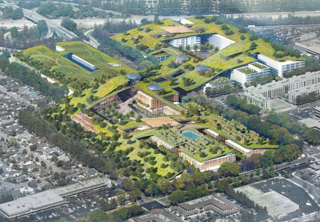 Hills at Vallco, Vallco Shopping Mall, world’s largest green roof, Cupertino, Sand Hill Property Company, Hills at Vallco by Sand Hills, Olin, mixed use development, Silicon Valley, green roof Cupertino, Reed Moulds, Rafael Viñoly, Olin Landscape Architects, Hills at Vallco by Rafael Viñoly, Hills at Vallco by Olin, LEED Platinum, Cupertino park