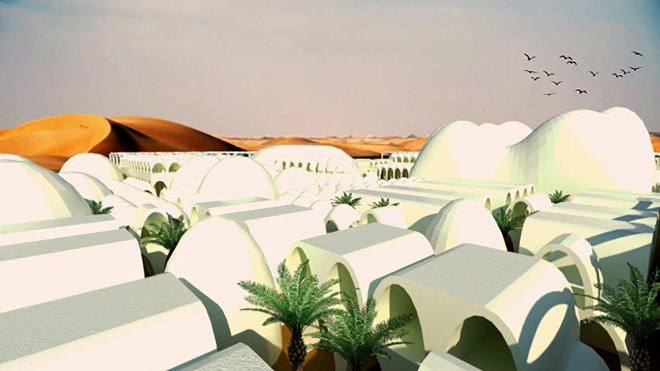 Eric Geboers, salt city, salt buildings, salt building material, the salt project, sustainable salt material, growing food in the desert, desert salt city, Eric Geboers TU Delft, architect Eric Geboers, salt bricks, domes made with salt bricks, salt dome home, salt arches, Lusail salt city, salt city Lusail Qatar