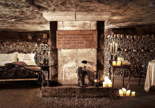 world's creepiest Airbnb, airbnb paris catacombs, airbnb halloween competition, halloween night in paris catacombs, spend halloween with 6 million skeletons, Airbnb night with 6 million skeletons, world's creepiest airbnb in Paris,