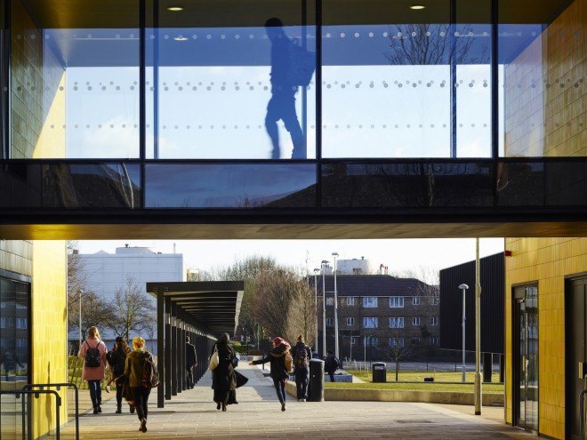 RIBA, RIBA Stirling Prize, Royal Institute of British Architects, Burntwood School, London, Burntwood School by Allford Hall Monaghan Morris, Allford Hall Monaghan Morris, AHMM, Burntwood School by AHMM, school, campus design, modernist design, Morag Myerscough, Sir Leslie Martin
