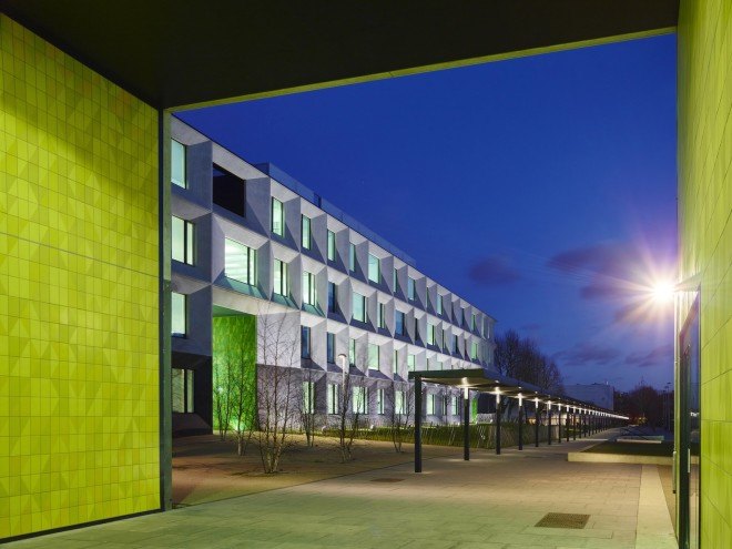 RIBA, RIBA Stirling Prize, Royal Institute of British Architects, Burntwood School, London, Burntwood School by Allford Hall Monaghan Morris, Allford Hall Monaghan Morris, AHMM, Burntwood School by AHMM, school, campus design, modernist design, Morag Myerscough, Sir Leslie Martin