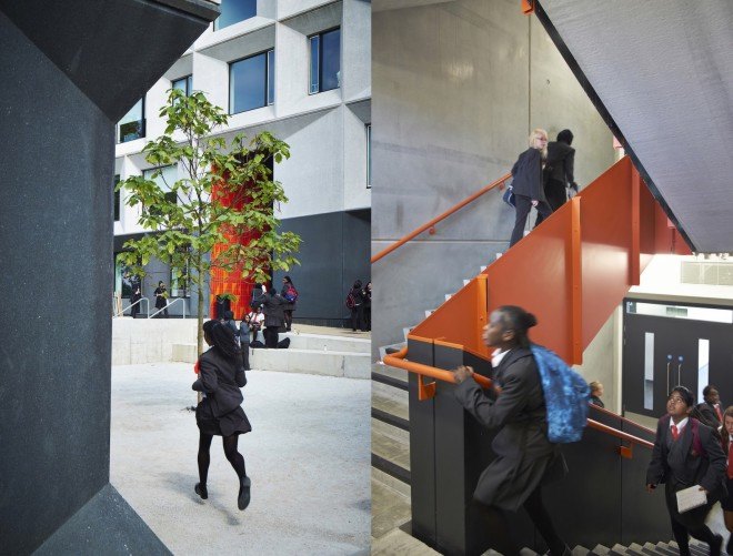 RIBA, RIBA Stirling Prize, Royal Institute of British Architects, Burntwood School, London, Burntwood School by Allford Hall Monaghan Morris, Allford Hall Monaghan Morris, AHMM, Burntwood School by AHMM, school, campus design, modernist design, Morag Myerscough, Sir Leslie Martin