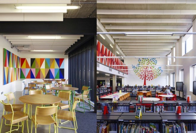 RIBA, RIBA Stirling Prize, Royal Institute of British Architects, Burntwood School, London, Burntwood School by Allford Hall Monaghan Morris, Allford Hall Monaghan Morris, AHMM, Burntwood School by AHMM, school, campus design, modernist design, Morag Myerscough, Sir Leslie Martin