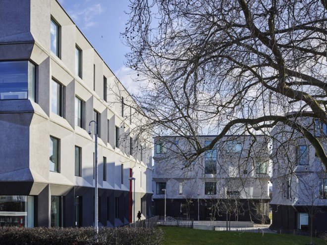 RIBA, RIBA Stirling Prize, Royal Institute of British Architects, Burntwood School, London, Burntwood School by Allford Hall Monaghan Morris, Allford Hall Monaghan Morris, AHMM, Burntwood School by AHMM, school, campus design, modernist design, Morag Myerscough, Sir Leslie Martin