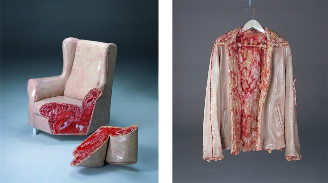 Halloween stories, creepy art by Cao Hui, viscera art, fleshy skin furniture, suitcase made of entrails, Cao Hui art, Lin & Lin gallery Taiwan, flesh art, Taiwanese artists, art that defends animal rights