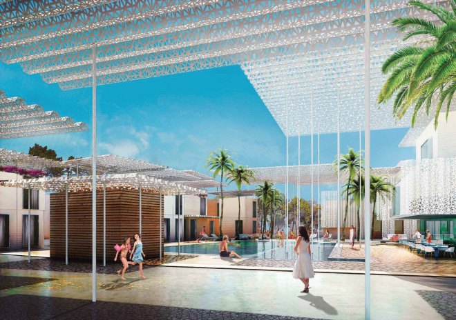 Cap d Agde Hotel, Jacques Ferrier Architecture, facade design, concrete, concrete facade, green architecture, Mediterranean architecture, swimming pool, hotel design, terraces, natural light